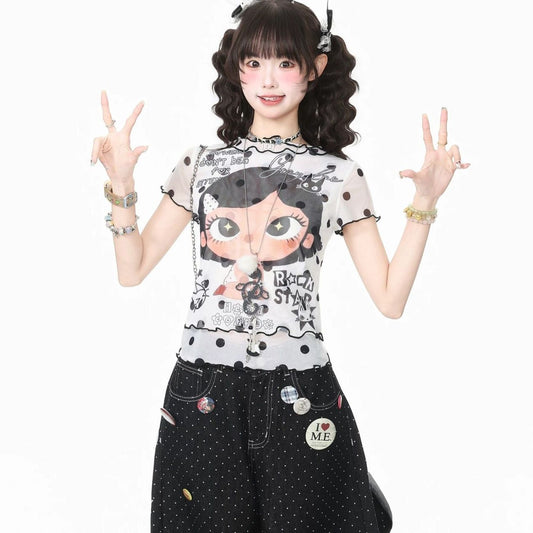 着瘦せ 水玉 プリント メッシュ Tシャツ F-13579