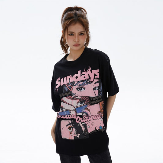 レトロ プリント オーバーサイズ 半袖 Tシャツ F-13511