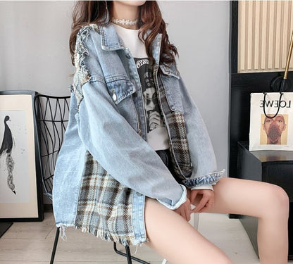 絶対流行 ファッション 活躍する優秀アイテム チェック柄 切り替え デニム Tシャツ ＜F-9264＞