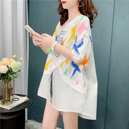 好感度満載 プリント 美感いっぱい 切り替え Tシャツ カットソー＜F-3110＞
