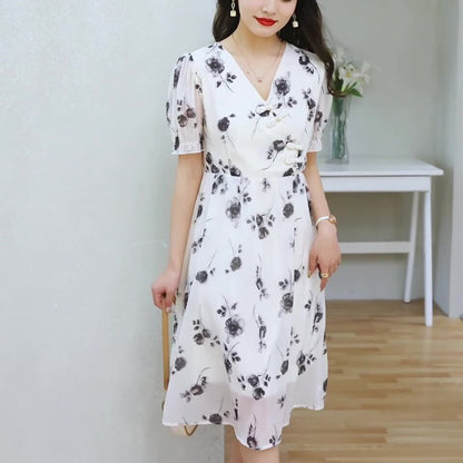今季マストバイ シフォン ファッション 花柄 半袖ワンピース<F-8452>