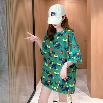 キラキラ大人気！西洋風漫画象プリント半袖Tシャツ<F-2932>