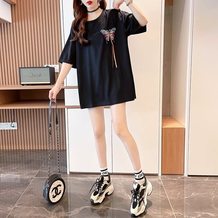 最新デザインセンス刺繍純綿ルーズ半袖Tシャツ<F-2949>