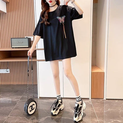 最新デザインセンス刺繍純綿ルーズ半袖Tシャツ<F-2949>
