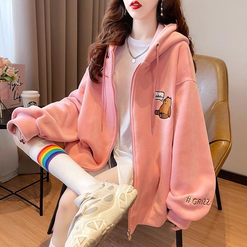 【裏起毛】可愛いクマちゃん厚手フルジップパーカー二色ありF-4677