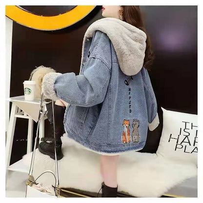 もこもこ裏起毛デニムジャケット厚手アルファベットロゴコート<F-4441>