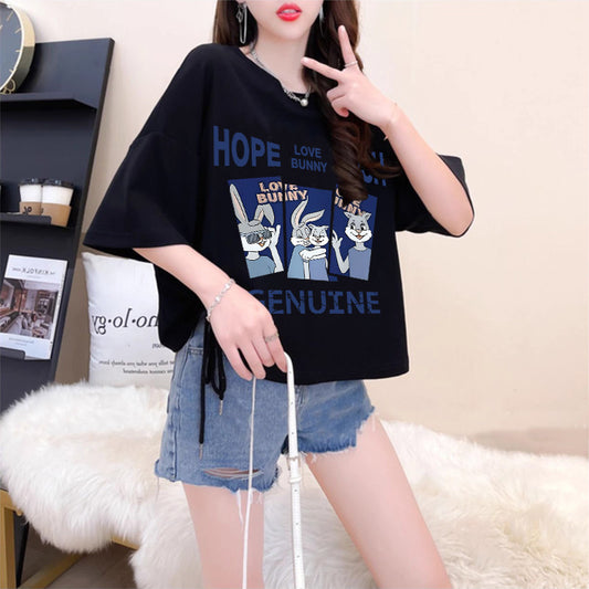 カジュアル清楚 プリント サイドリボン 着痩せ Tシャツ F-13529
