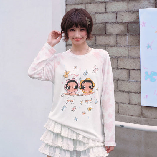 可愛い プリント ゆったり 甘カジュアル 長袖 Tシャツ F-13501