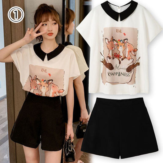 美人度アップ シフォン スウィート 半袖 Tシャツ ショートパンツ セットアップ ＜F-9234＞