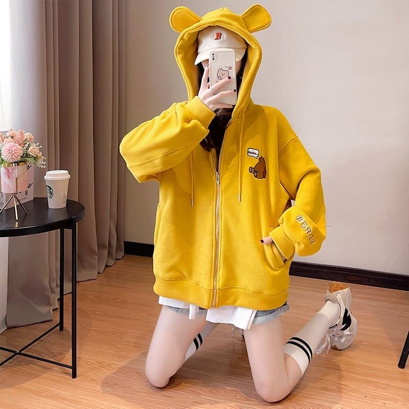 【裏起毛】可愛いクマちゃん厚手フルジップパーカー二色ありF-4677