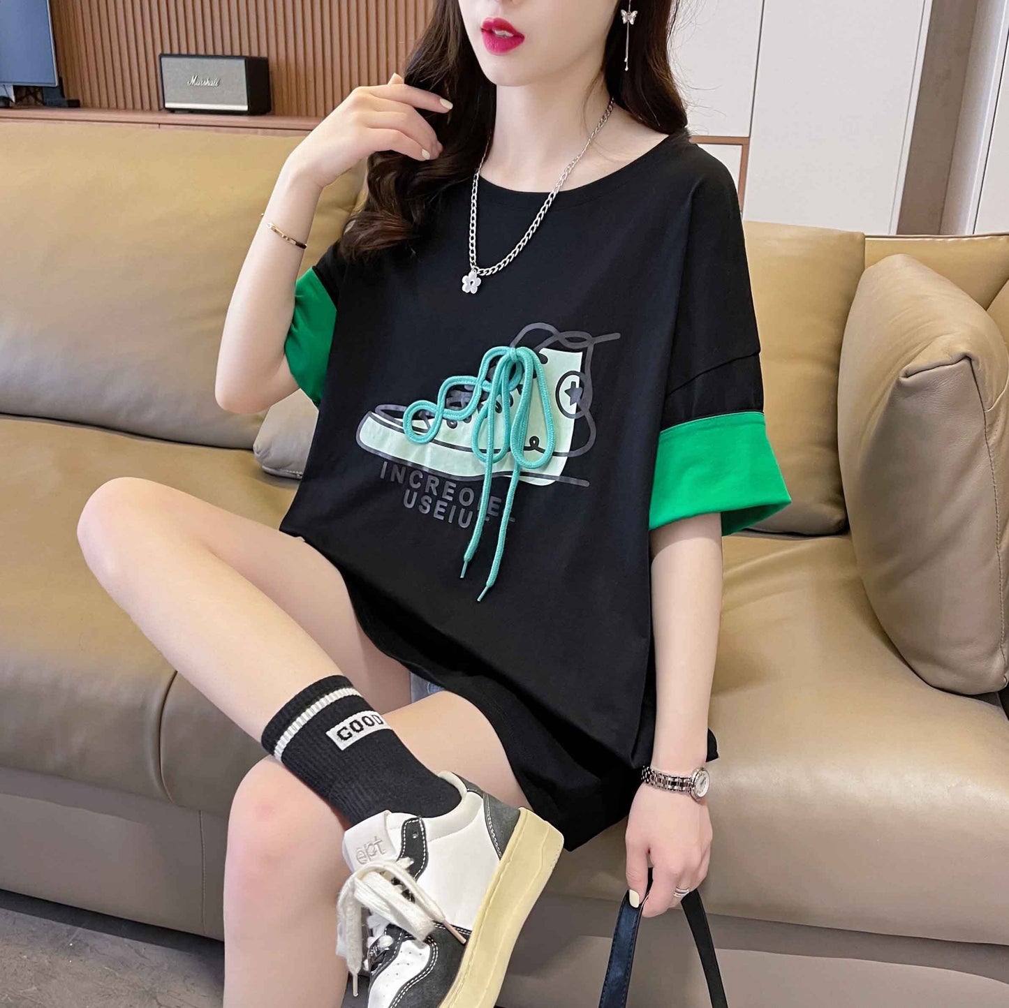 韓国系   ラウンドネック Tシャツ ゆったり半袖 ＜F-2988＞