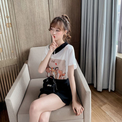 美人度アップ シフォン スウィート 半袖 Tシャツ ショートパンツ セットアップ ＜F-9234＞