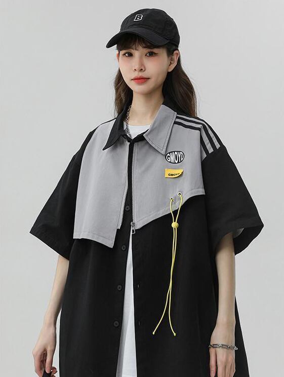シンプルだけど一癖あるコーデ 切り替え レイヤード風 全2色 半袖TシャツF-9046