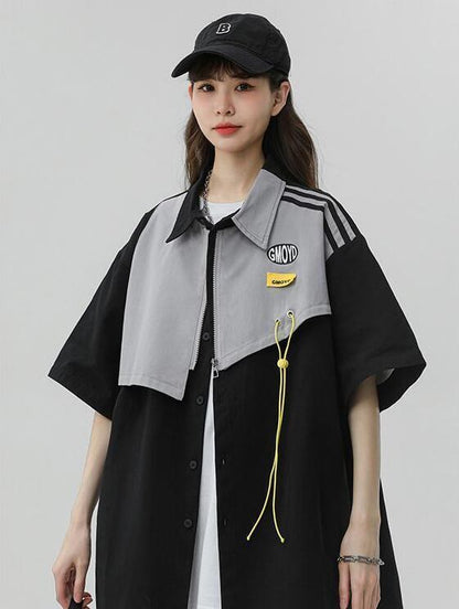 シンプルだけど一癖あるコーデ 切り替え レイヤード風 全2色 半袖TシャツF-9046