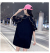 レースステッチアイスシルクニットルーズラビットプリント半袖Tシャツ<F-5038>