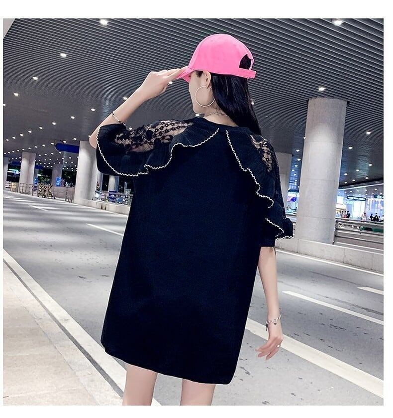 レースステッチアイスシルクニットルーズラビットプリント半袖Tシャツ<F-5038>
