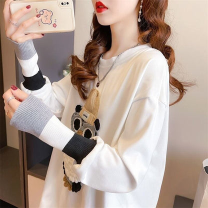 激安販売中   両面ベルベット刺繍ルーズ長袖Tシャツ<F-5123>