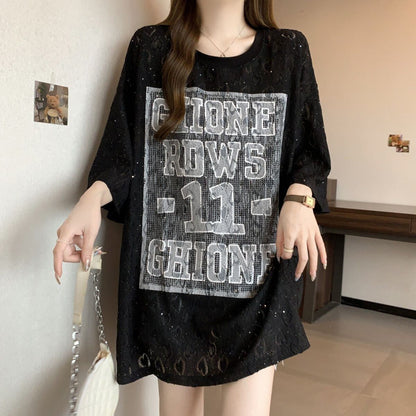 超人気 アバンギャルド 絶対流行 レース プリント全2色 半袖TシャツF-8798