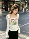 フリル肩 スクエアネック 長袖 Tシャツ F-50157