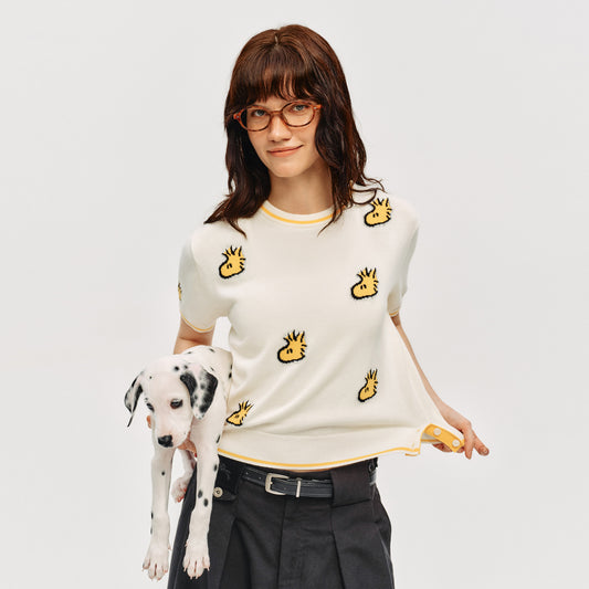 おしゃれ度高め 総柄 配色 半袖 薄手 ニット Tシャツ F-13495