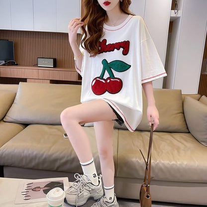 おすすめ新作 Tシャツ チェリー刺 ゆったり半袖＜F-2971＞