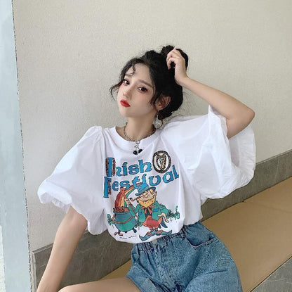 キュート プリント ファッション ゆったり 全4色 半袖 Tシャツ＜F-11521＞