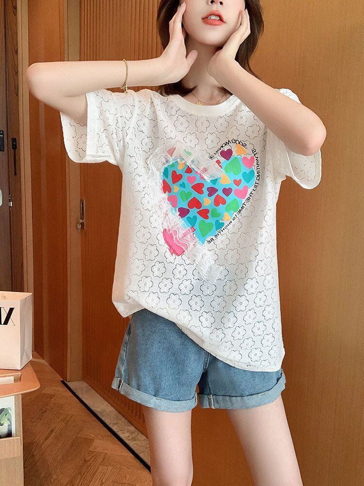 新商品 透かし彫り キュート ゆったり 半袖Tシャツ＜F-8422＞