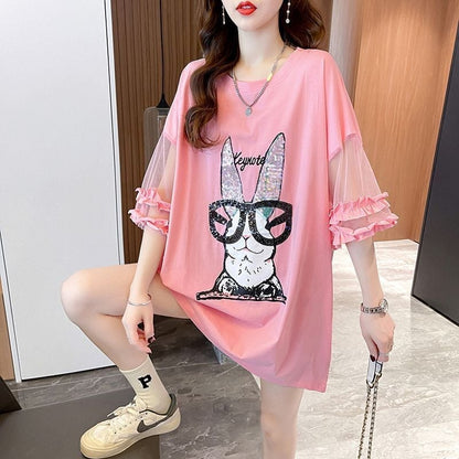 着回し力抜群 チュール 新作 切り替え ピンク プリント スパンコール プリント全3色 半袖Tシャツ カットソー ＜F-8557＞