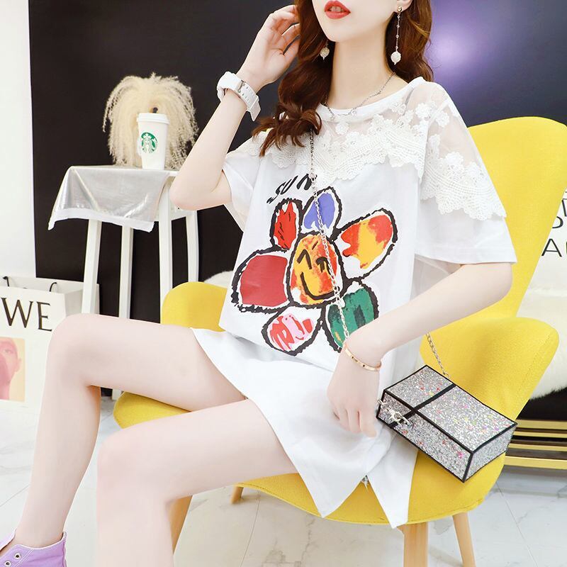 大人可愛い 切り替え レース 透かし彫り プリント全2色 半袖Tシャツ カットソー ＜F-8560＞