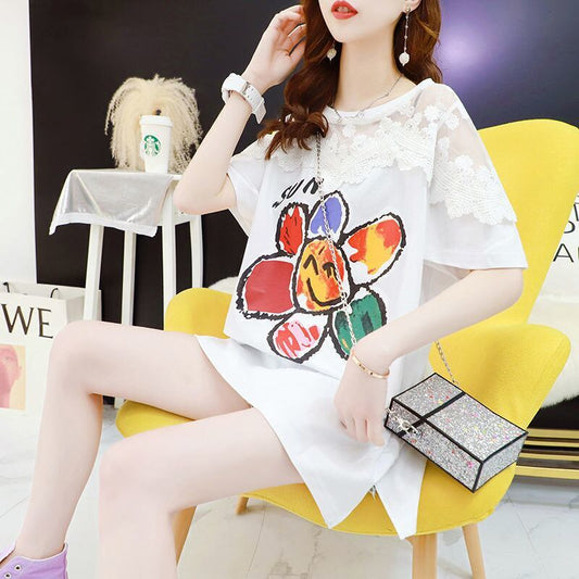 大人可愛い 切り替え レース 透かし彫り プリント全2色 半袖Tシャツ カットソー ＜F-8560＞