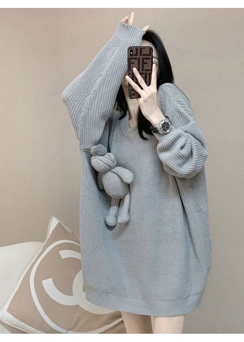 気質満点ぬいぐるみ付きグレーゆったりニットセーター＜F-4659＞