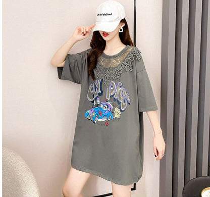 着回し力抜群 プリント カジュアル ビッグロゴ レース 切り替え 半袖Tシャツ 全3色＜F-8423＞