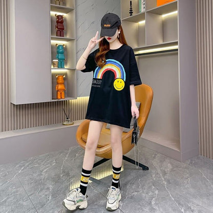 レインボースマイリーファッションオールマッチルーズ半袖Tシャツ<F-2860>