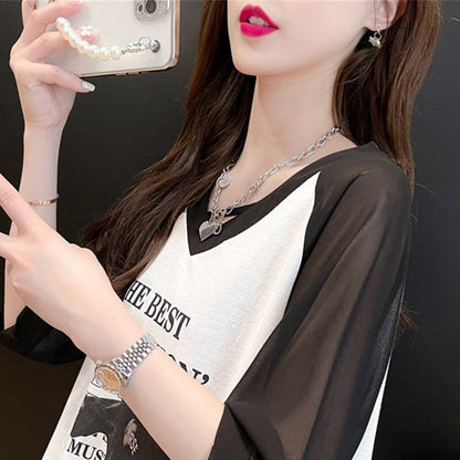 好感度満載 切り替え 美感いっぱい プリント Tシャツ カットソー＜F-3479＞