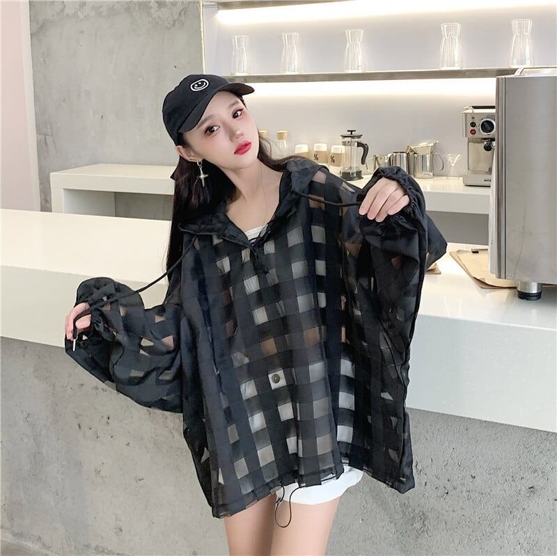 大人気 チェック柄 ゆったり 日焼け対策 UVカット 冷房対策 着?せ 長袖 フード付き シャツ ＜F-1910＞