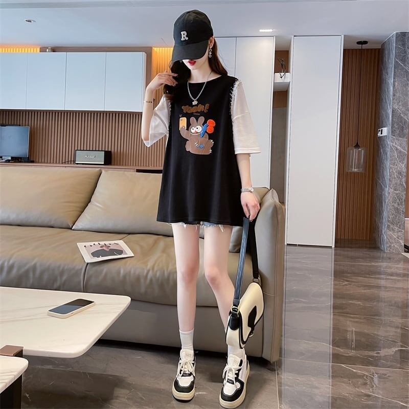 ワッフルフェイクツーピース漫画立体刺繍半袖Tシャツ<F-2871>