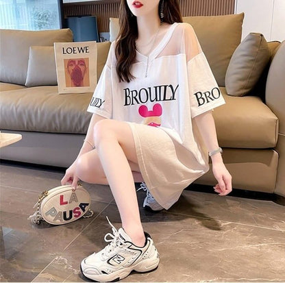 売り切れ必至 Vネック セクシー 切り替え チュール プリントTシャツ ゆったりワンピース ＜F-3050＞