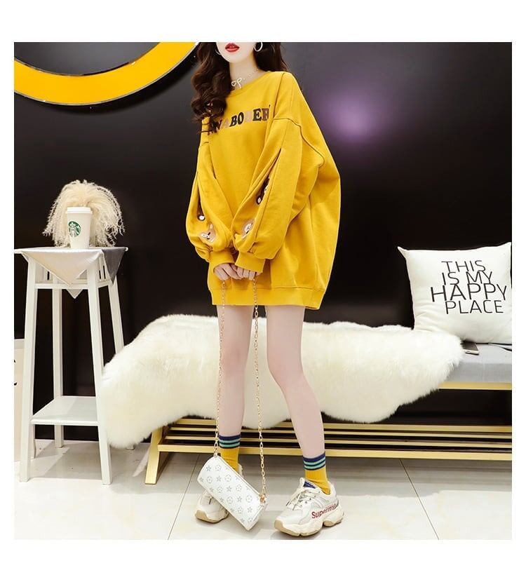 【半額！期間限定！！】韓国風ルーズラウンドネックミドル丈ファッション怠惰なトップス<F-5067>