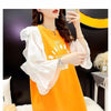 女子力アップ アルファベット パフスリーブ プリント ロングTシャツ ゆったりワンピース ＜F-3054＞
