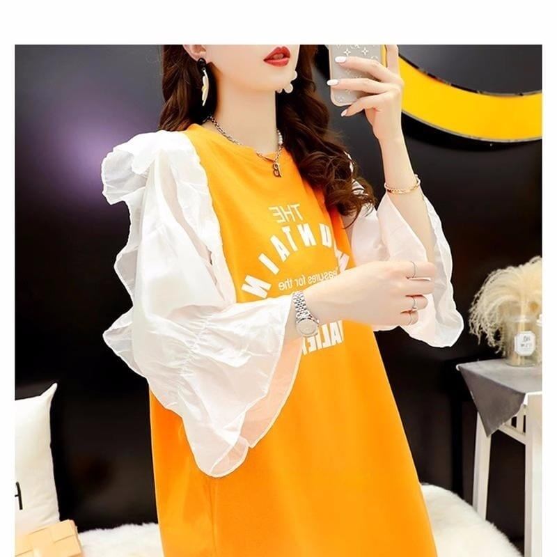 女子力アップ アルファベット パフスリーブ プリント ロングTシャツ ゆったりワンピース ＜F-3054＞