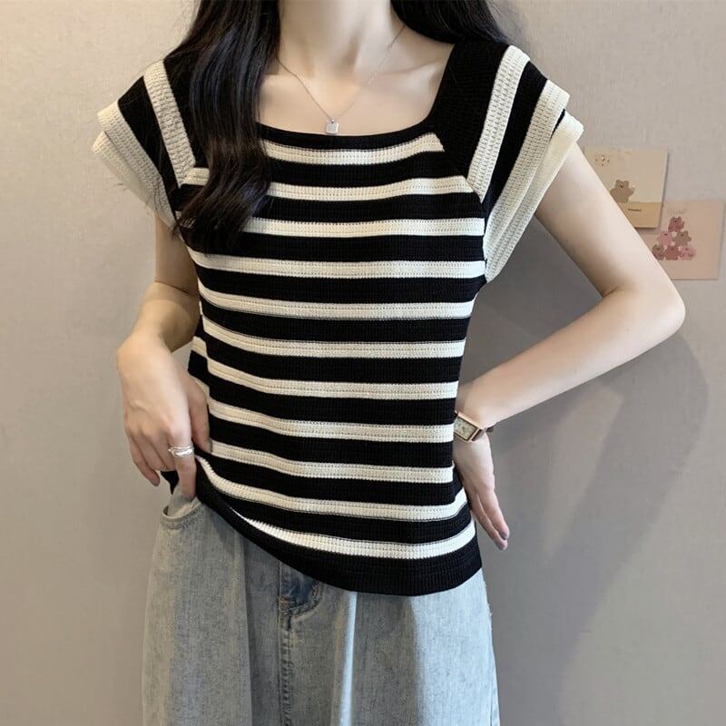 今季マストバイ ファッション カジュアル エレガント ストライプ柄 Tシャツ<F-8339>