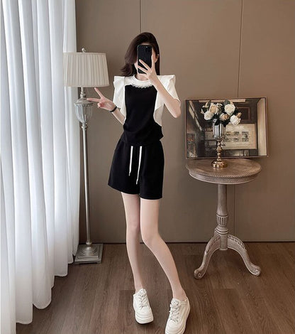 新商品 ホットダイヤモンド 絶対欲しい 切り替え 半袖 Tシャツ ショートパンツ セットアップF-8864
