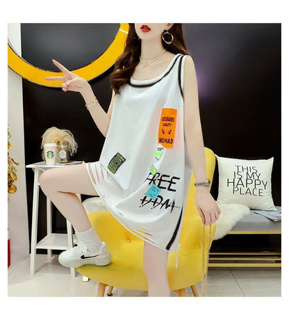 今季マストバイ ダメージ加工 デザイン性抜群 プリント全2色 ノースリーブ Tシャツ カットソー＜F-9141＞