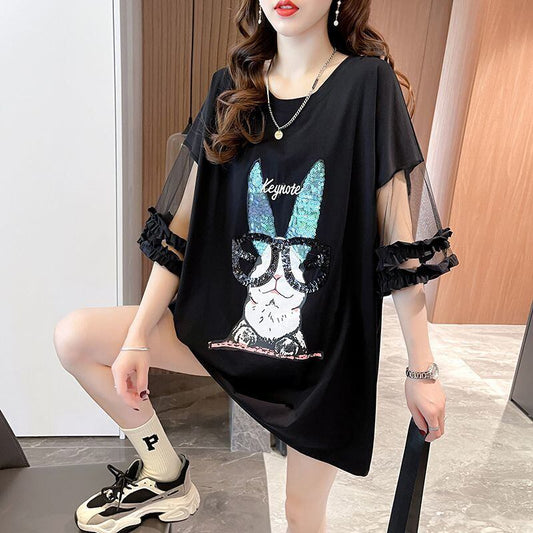 着回し力抜群 チュール 新作 切り替え ピンク プリント スパンコール プリント全3色 半袖Tシャツ カットソー ＜F-8557＞