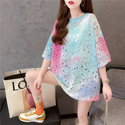 オシャレ度満点 ラウンドネック スタイリッシュ 透かし彫り Tシャツ カットソー＜F-2957＞