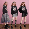 ファッショングラフィックプリントブラックスウェット長袖Ｔシャツ<F-4281>