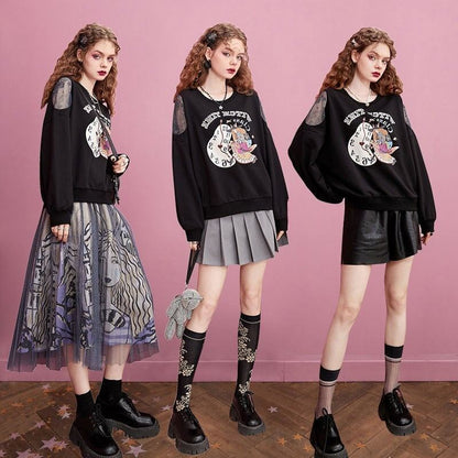 ファッショングラフィックプリントブラックスウェット長袖Ｔシャツ<F-4281>