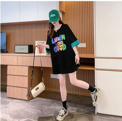 絶対欲しい プリント ラウンドネック 切り替え 全2色 半袖Tシャツ ＜F-8672＞
