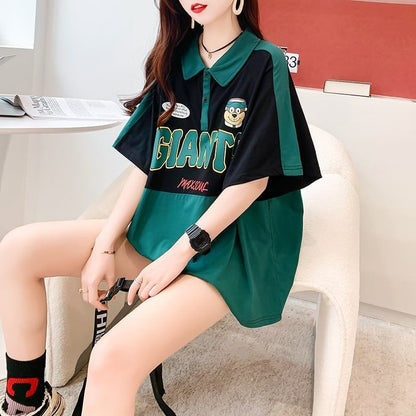 ファッションカジュアルネットレッドルーズポロカラー半袖Tシャツ<F-2856>