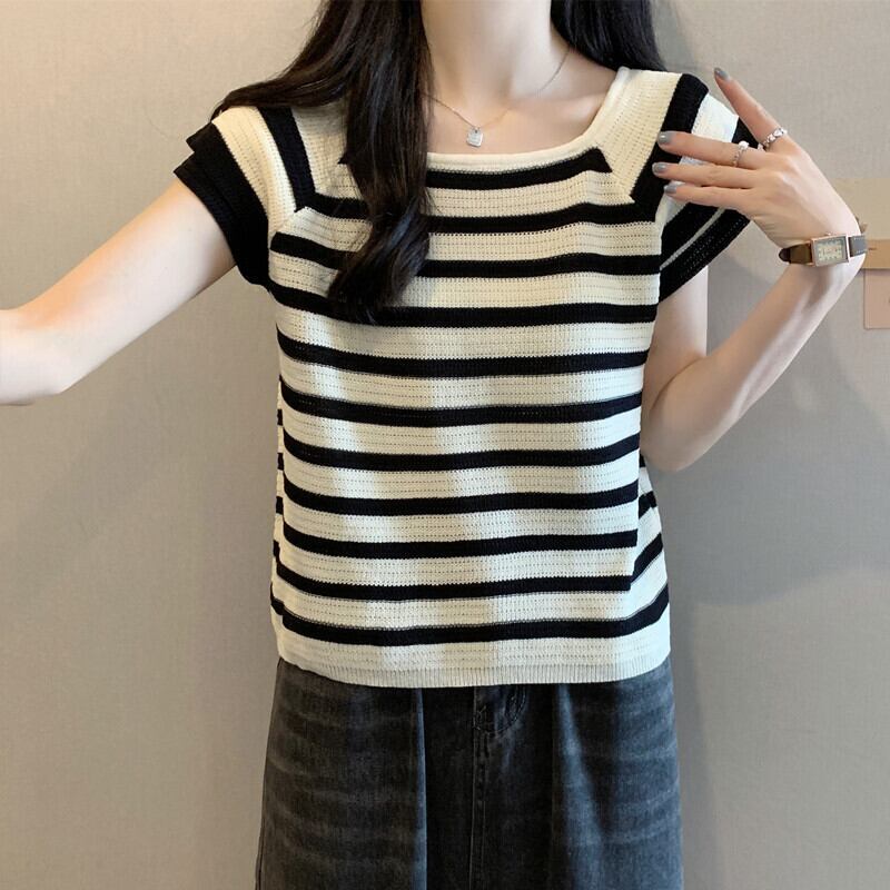 今季マストバイ ファッション カジュアル エレガント ストライプ柄 Tシャツ<F-8339>